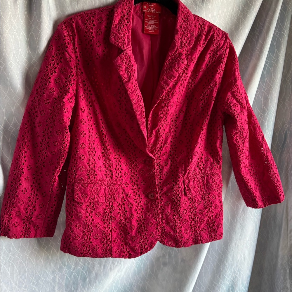 Oscar de la Renta Fuchsia Eyelit lightweight Cotton Blazer